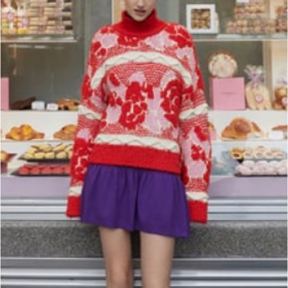 NWT ZARA Red Pink Woven Jacquard Knit Art Inspired Sweater Warm Cozy Cream - Picture 7 of 7